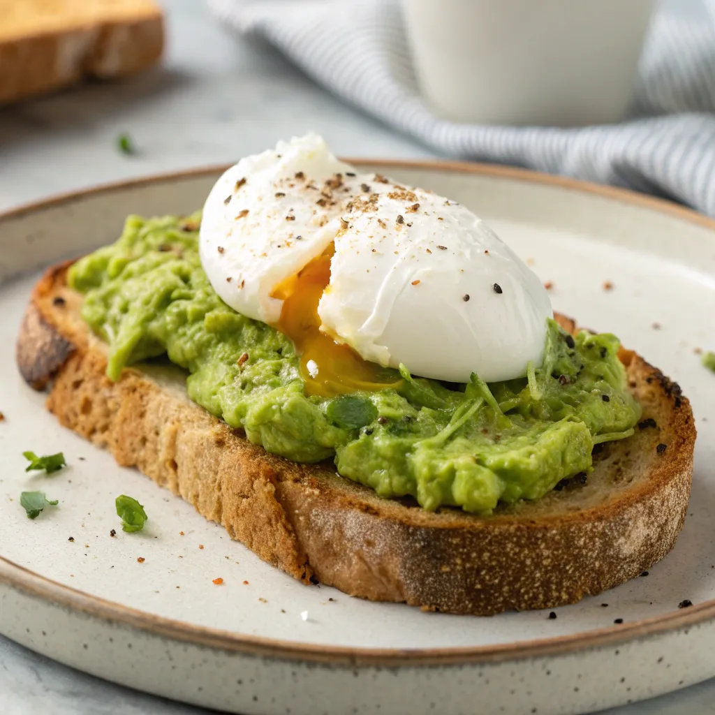Avocado toast with poached egg on sourdough bread