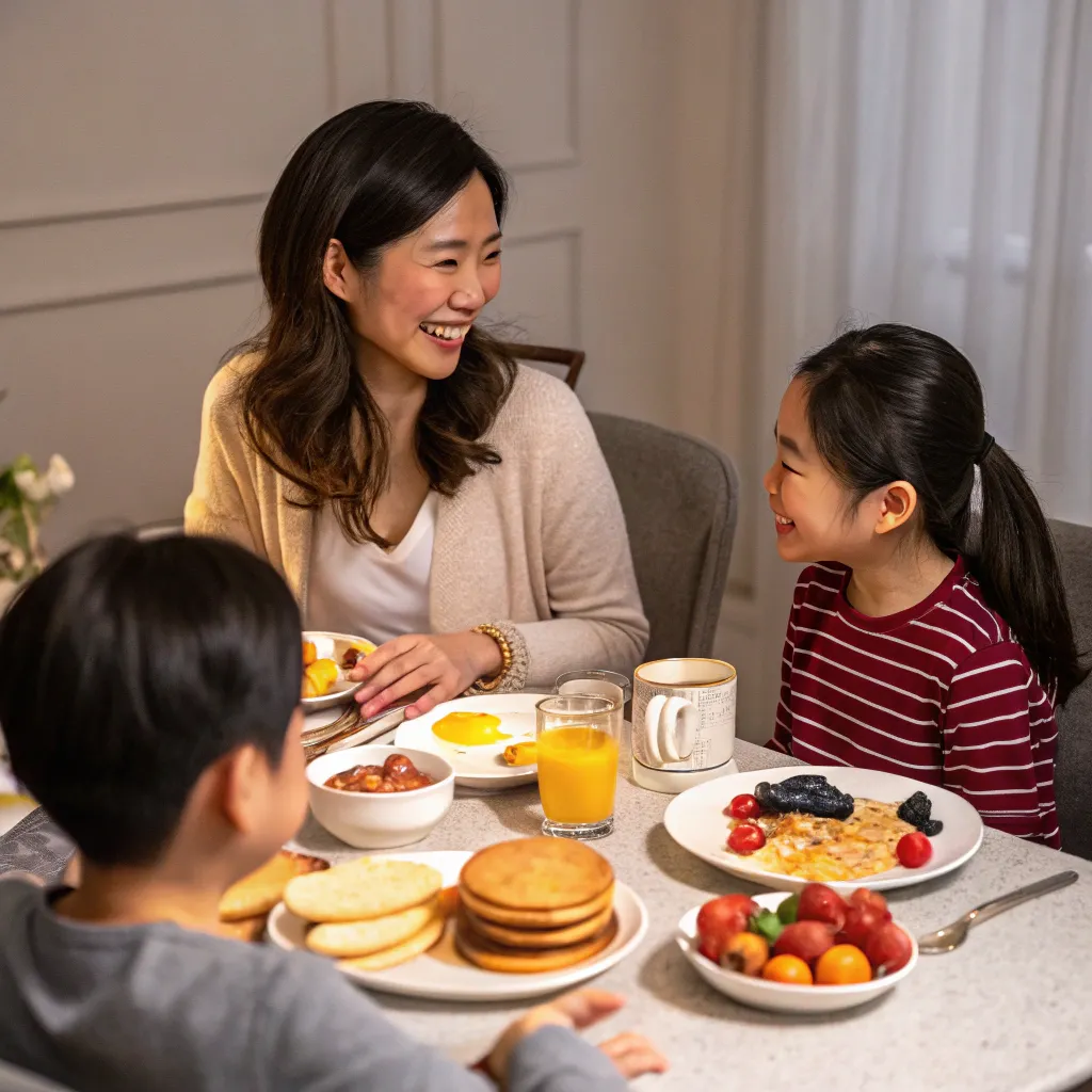Sophia Chen with her family enjoying breakfast